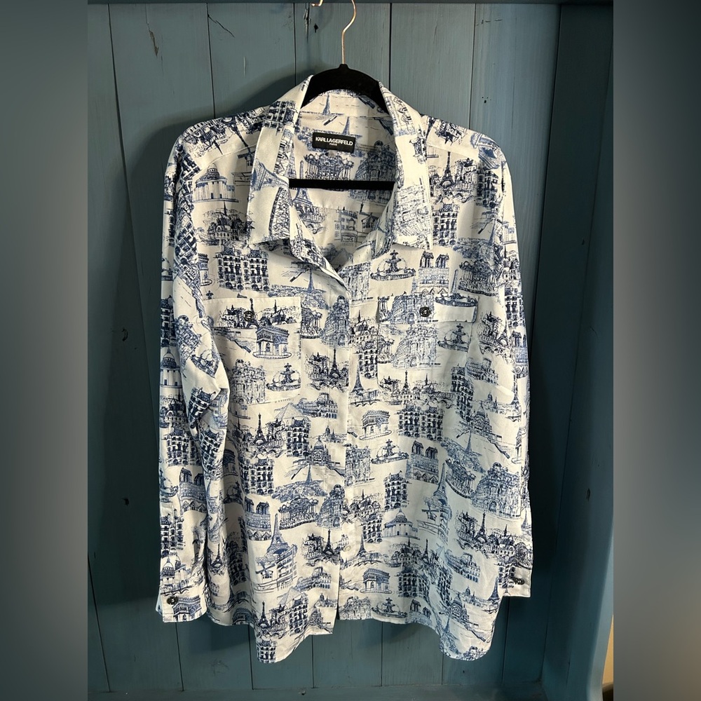 Karl Lagerfeld Paris Scenic Print Women’s B/D Shirt Blouse | Size 2XL